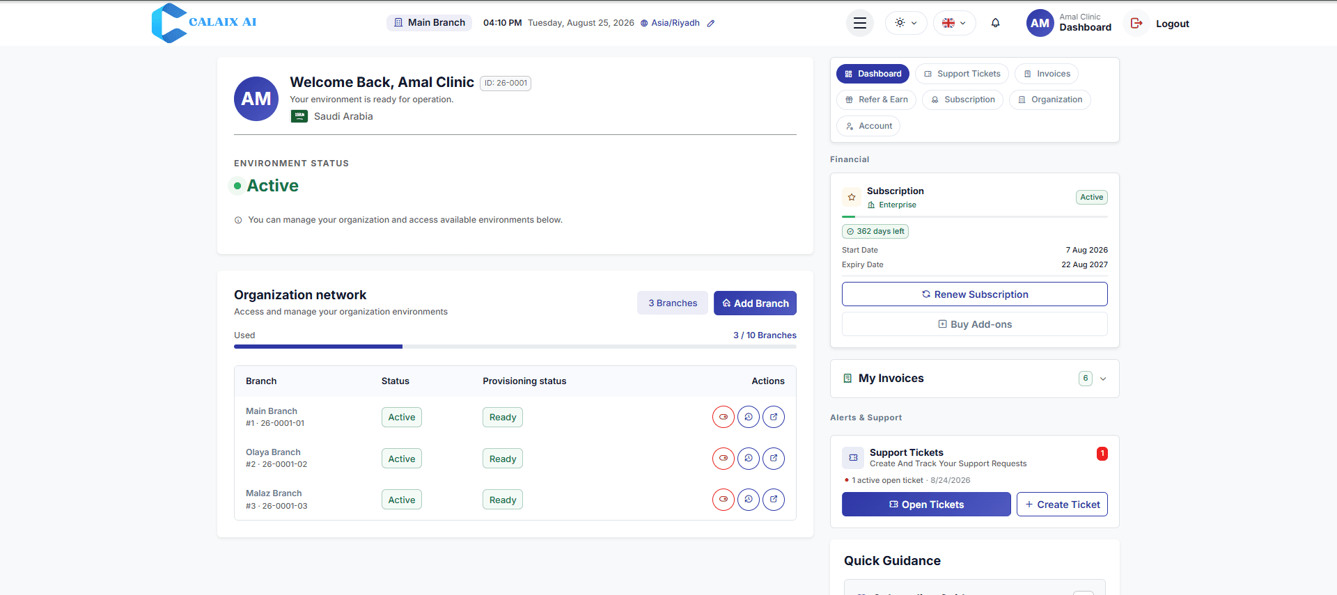 The Clinova client portal — subscription, branches, invoices and support tickets on one screen